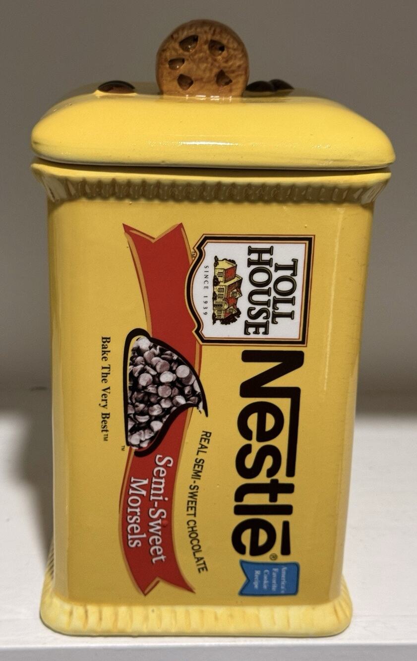 Vintage Nestle toll house cookie jar Ceramic With Original Recipe On Back Yellow